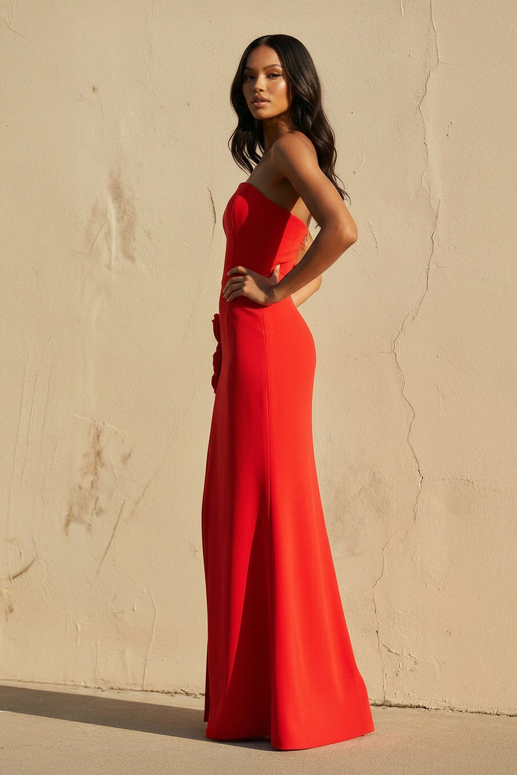 3D Floral Strapless Gown With Slit in Red