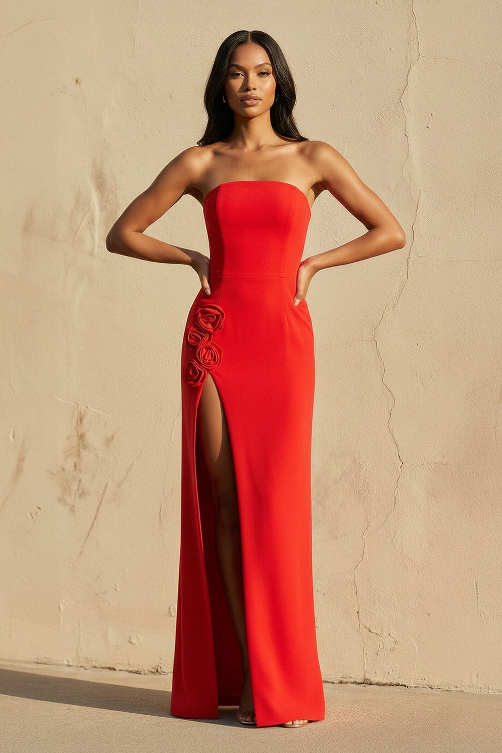 3D Floral Strapless Gown With Slit in Red