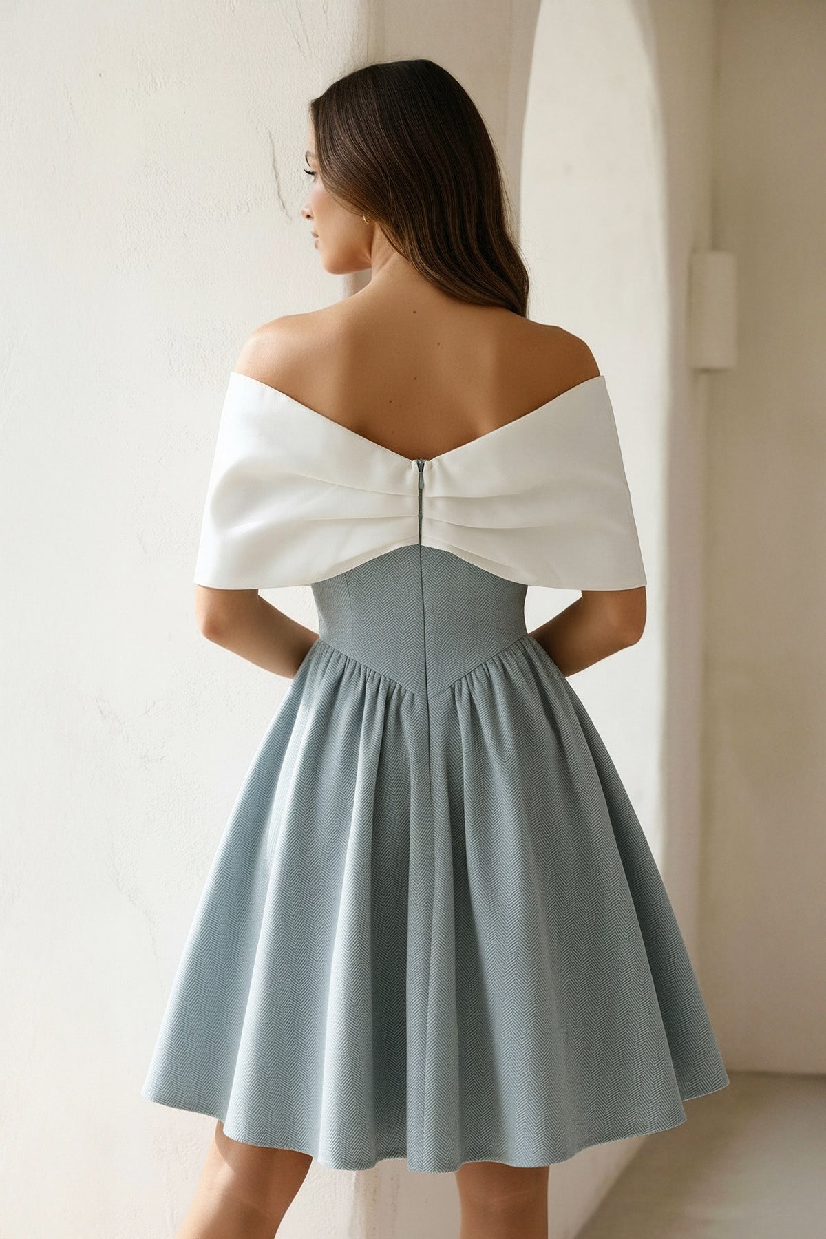 A-Line Mini Dress With Bow Cape in Mist