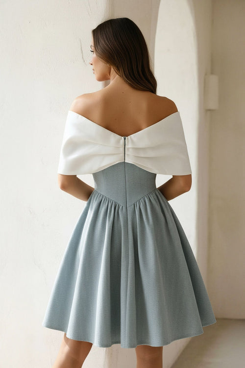 A-Line Mini Dress With Bow Cape in Mist