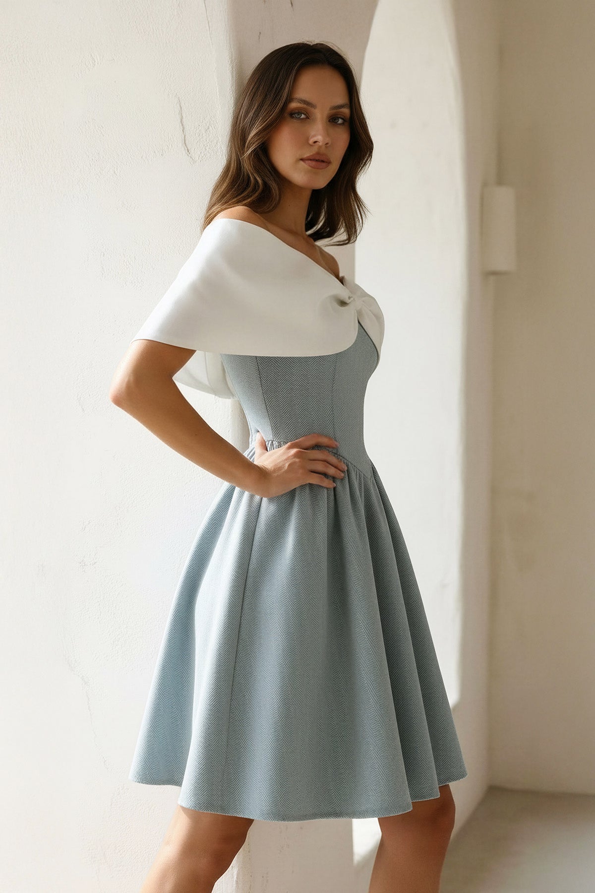 A-Line Mini Dress With Bow Cape in Mist