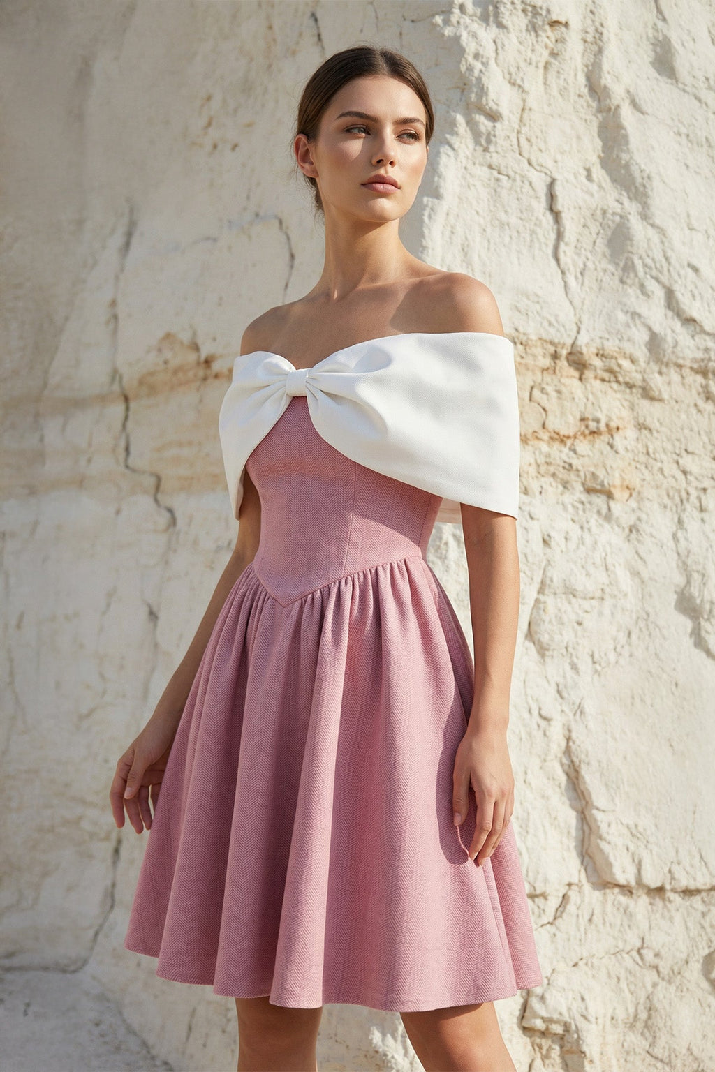 A-Line Mini Dress With Bow Cape in Pink