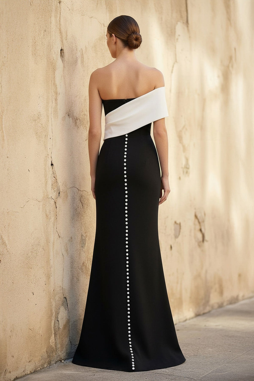 Asymmetric One Shoulder Gown With Slit in Black and White