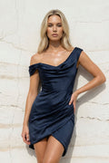 Asymmetrical Mini Dress With Draped Train in Navy