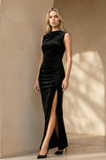 Bateau Neck Velvet Maxi Dress in Black
