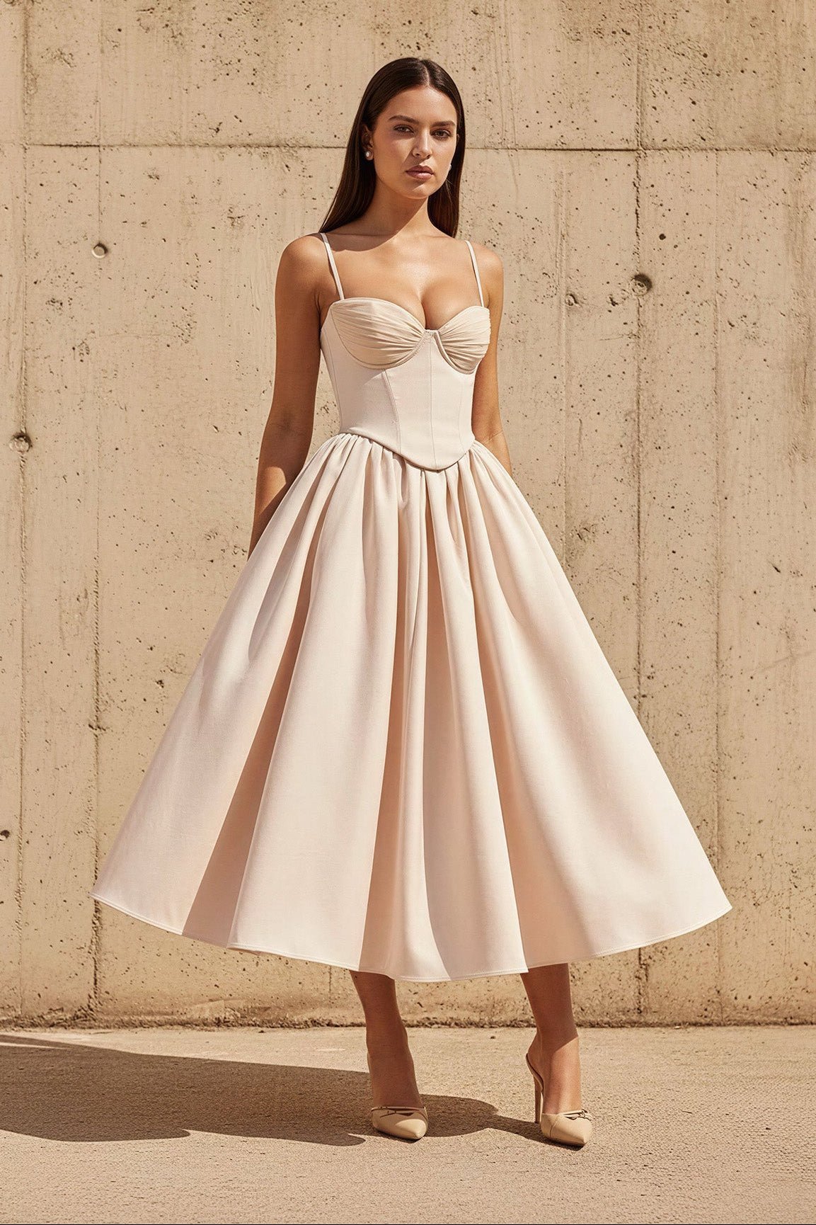 Corset Pleated Midi Dress in Champagne