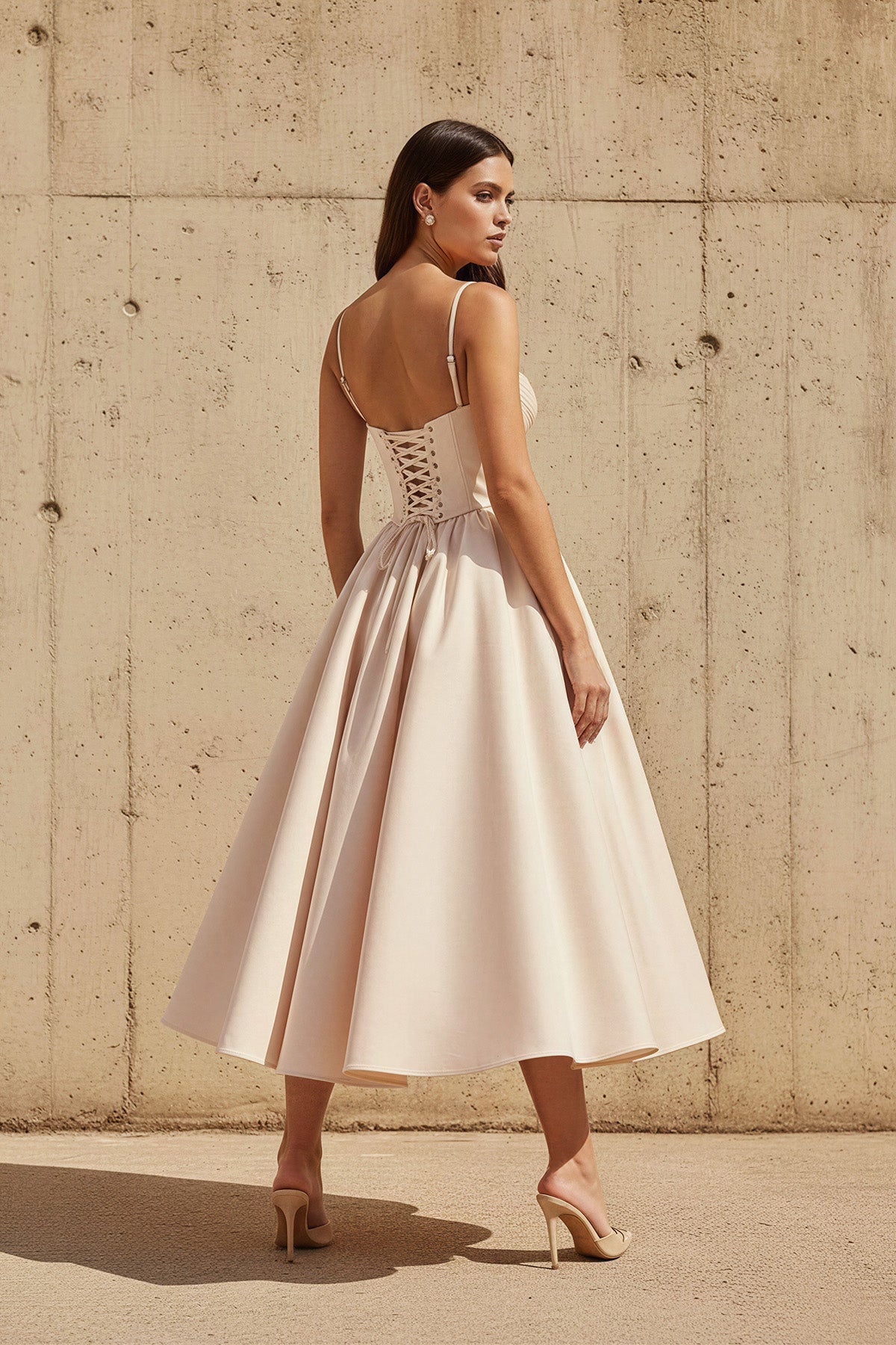 Corset Pleated Midi Dress in Champagne