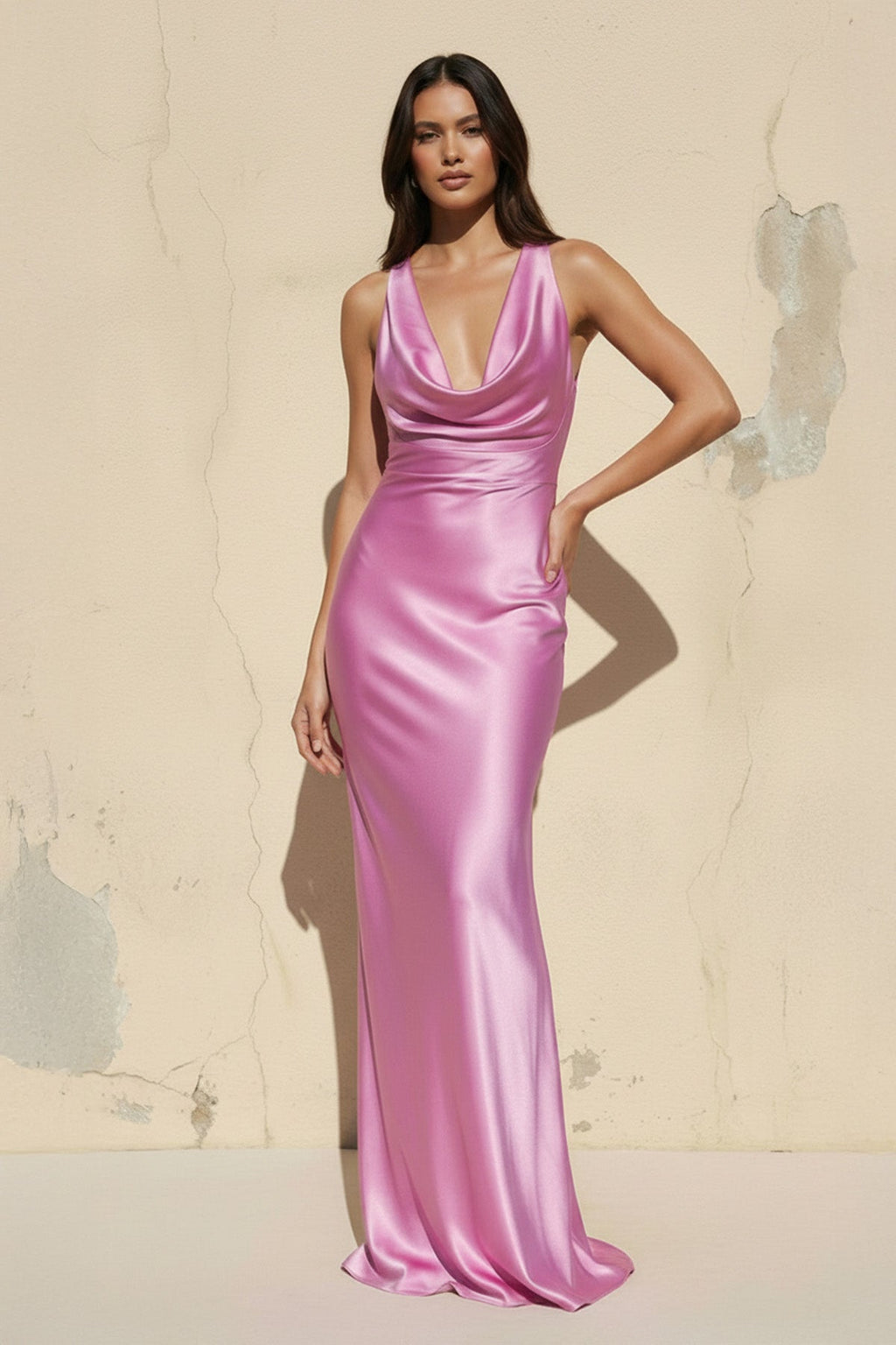 Cowl Neck Backless Maxi Dress in BonBon Pink