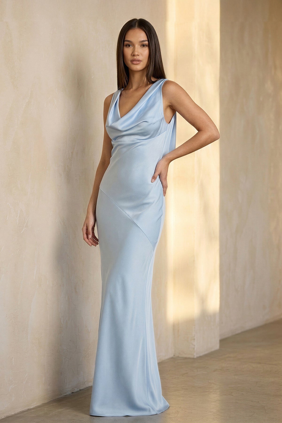 Cowl Neck Open Back Maxi Dress in Sky Blue