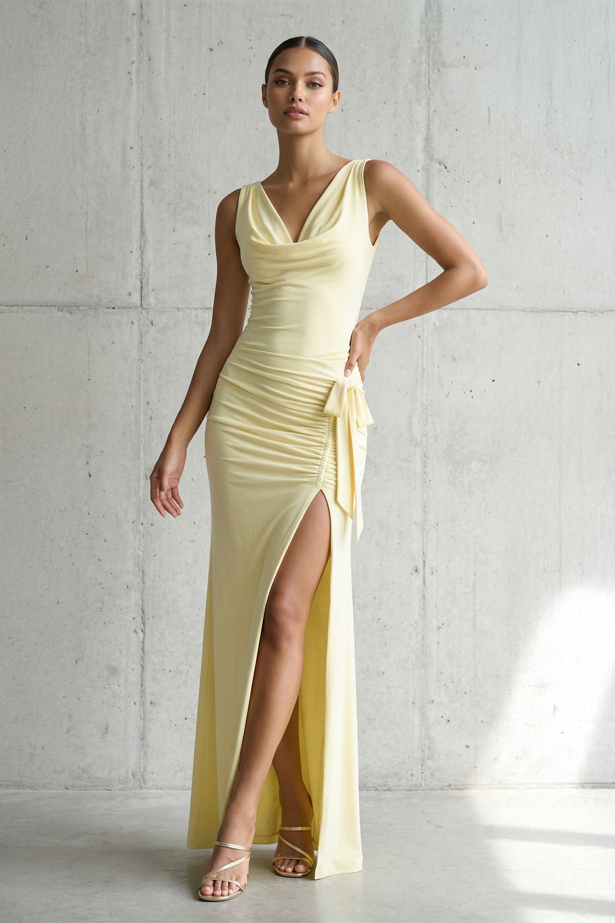 Cowl Neck Ruched Maxi Dress With Slit in Yellow