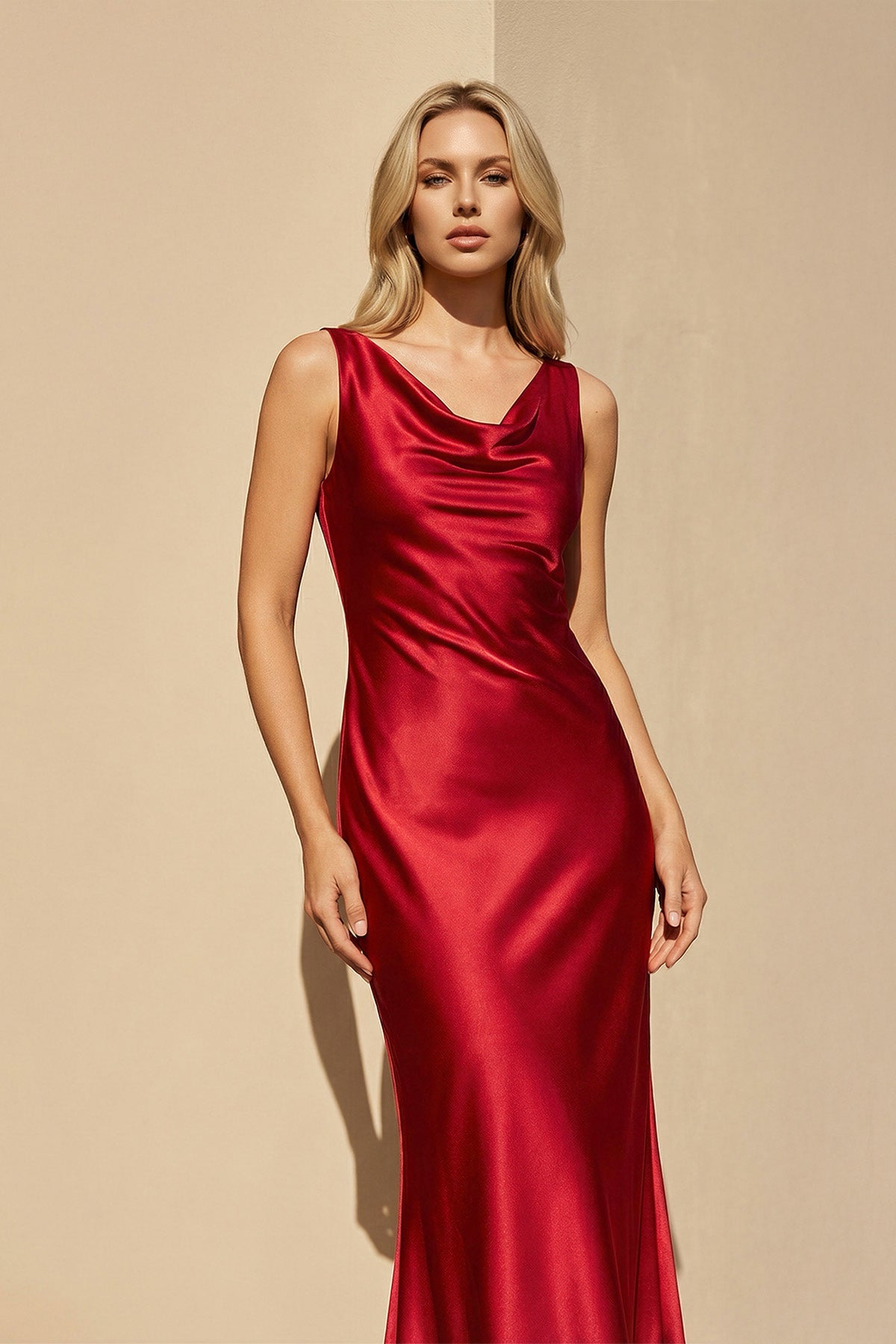 Cowl Neck Satin Maxi Dress in Red