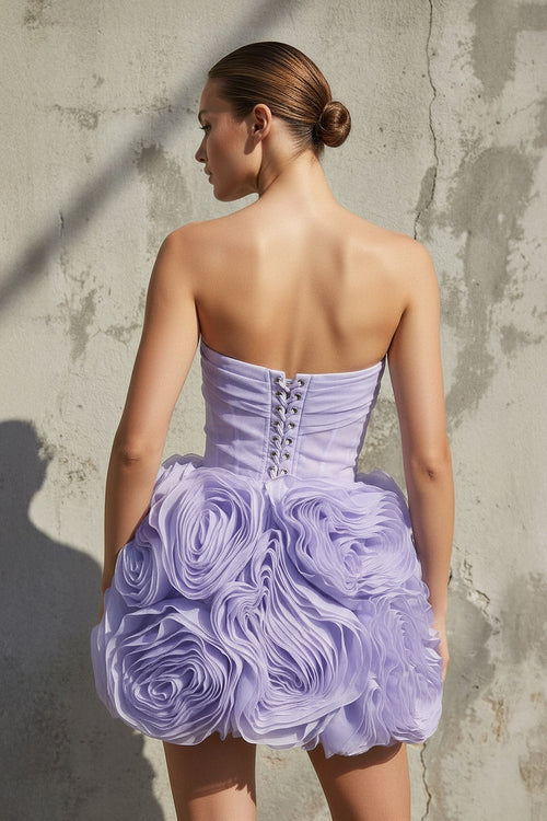 Floral Ruched Strapless Mini Dress in Lavender