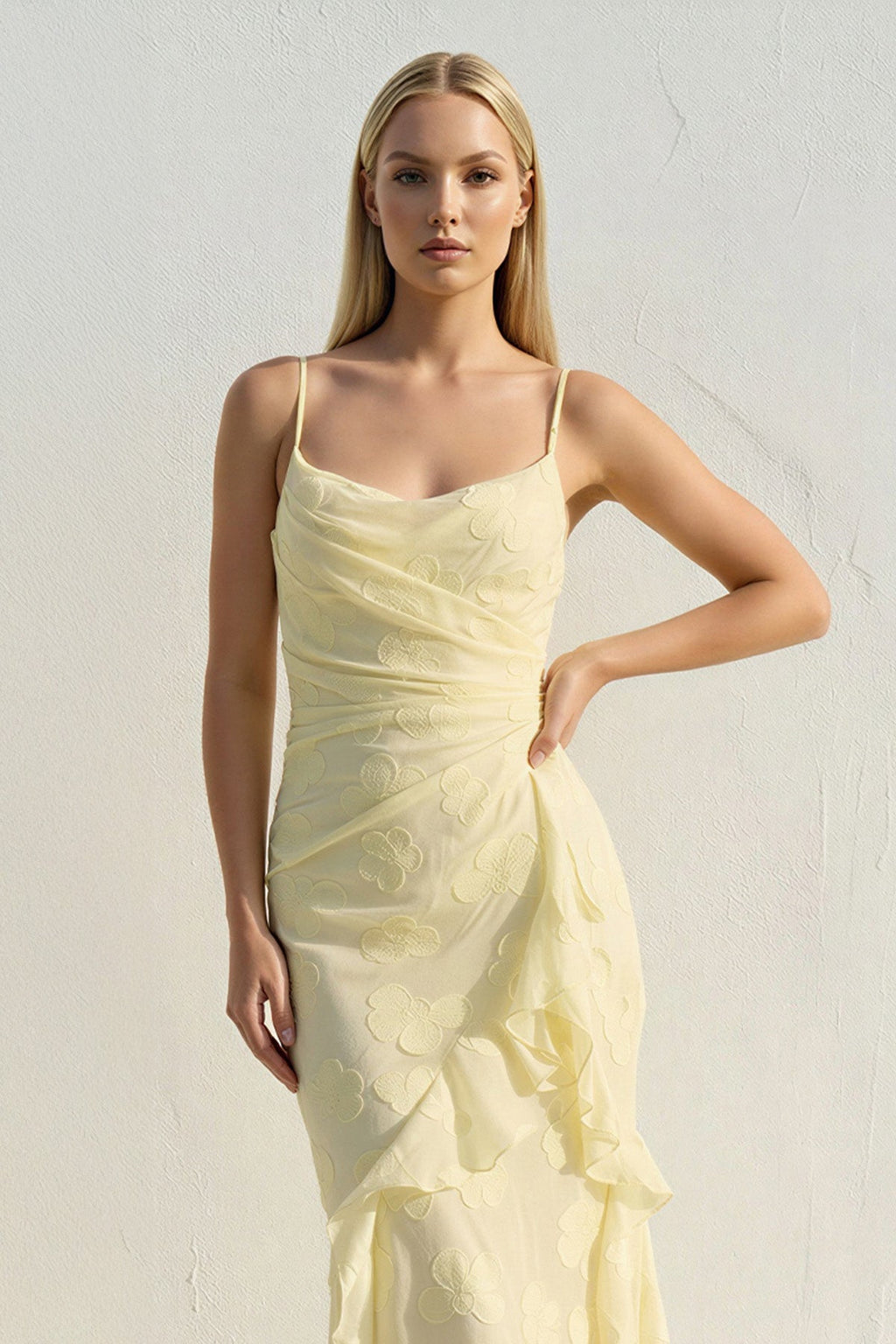 Floral Ruffled Midi Dress in Yellow