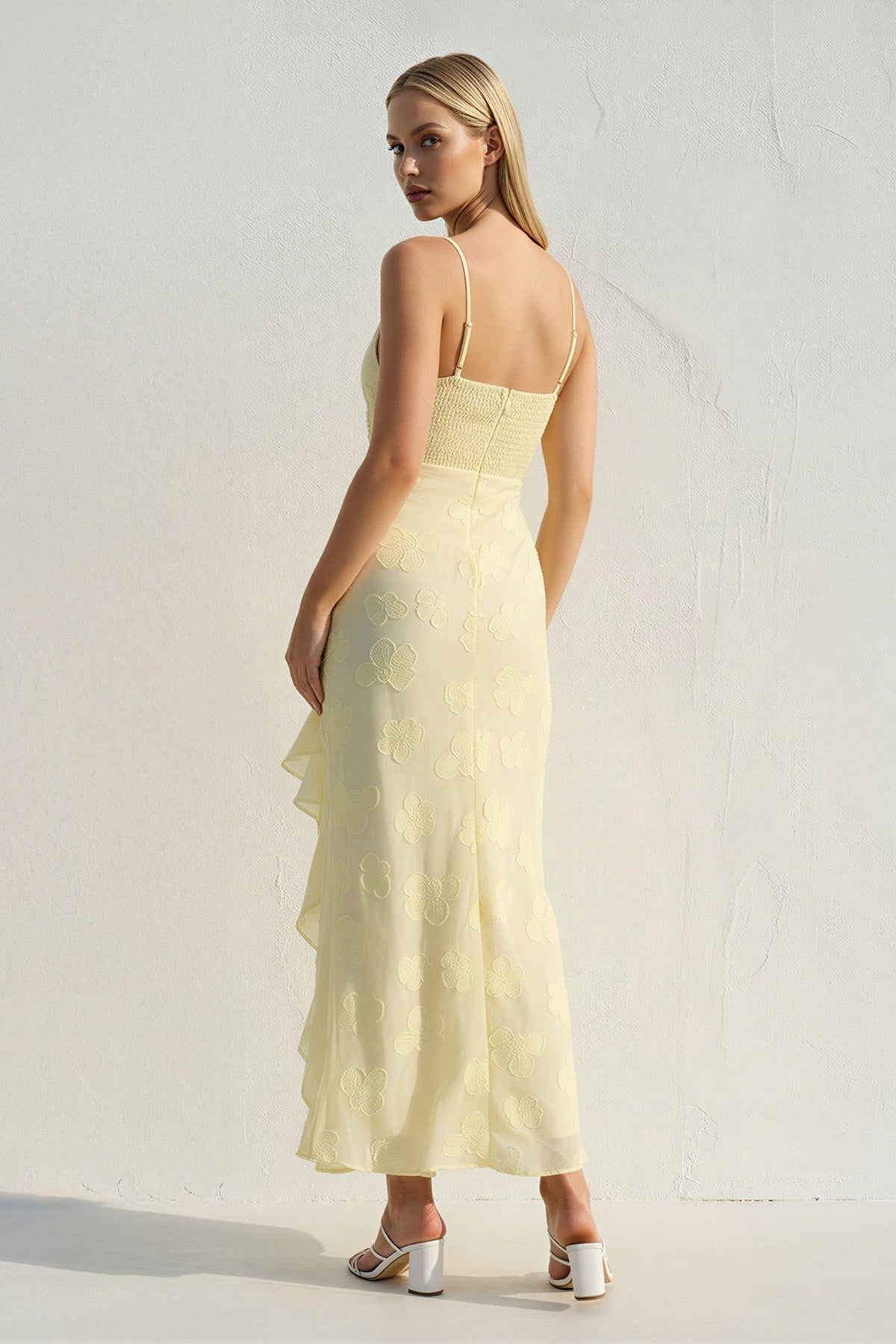 Floral Ruffled Midi Dress in Yellow