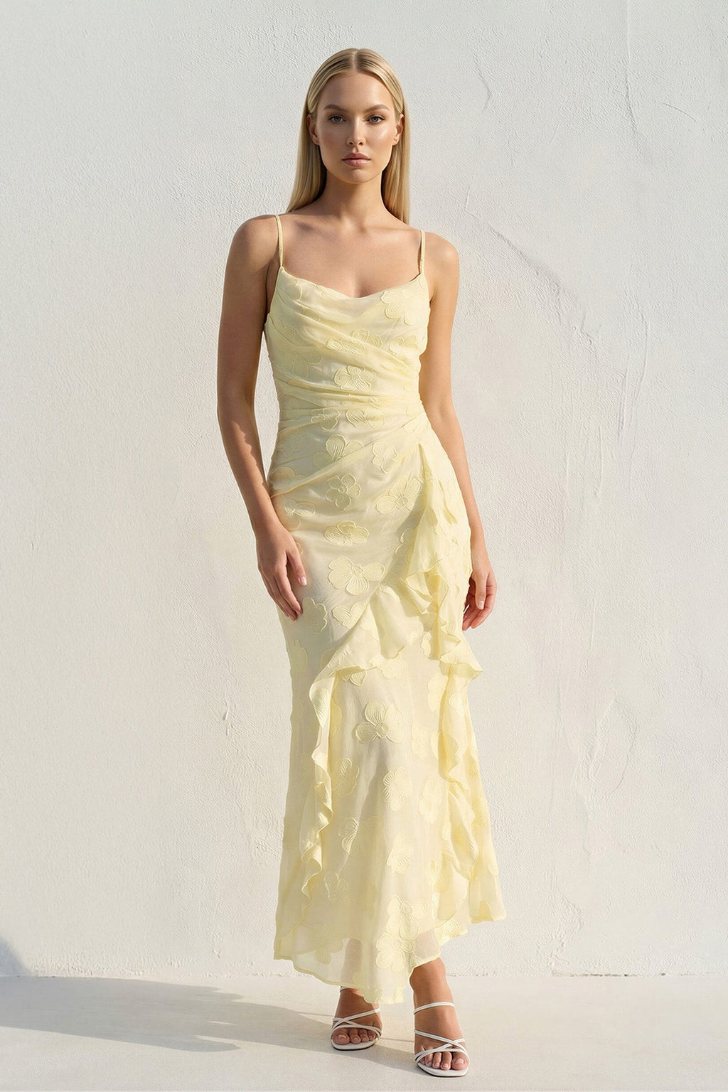 Floral Ruffled Midi Dress in Yellow
