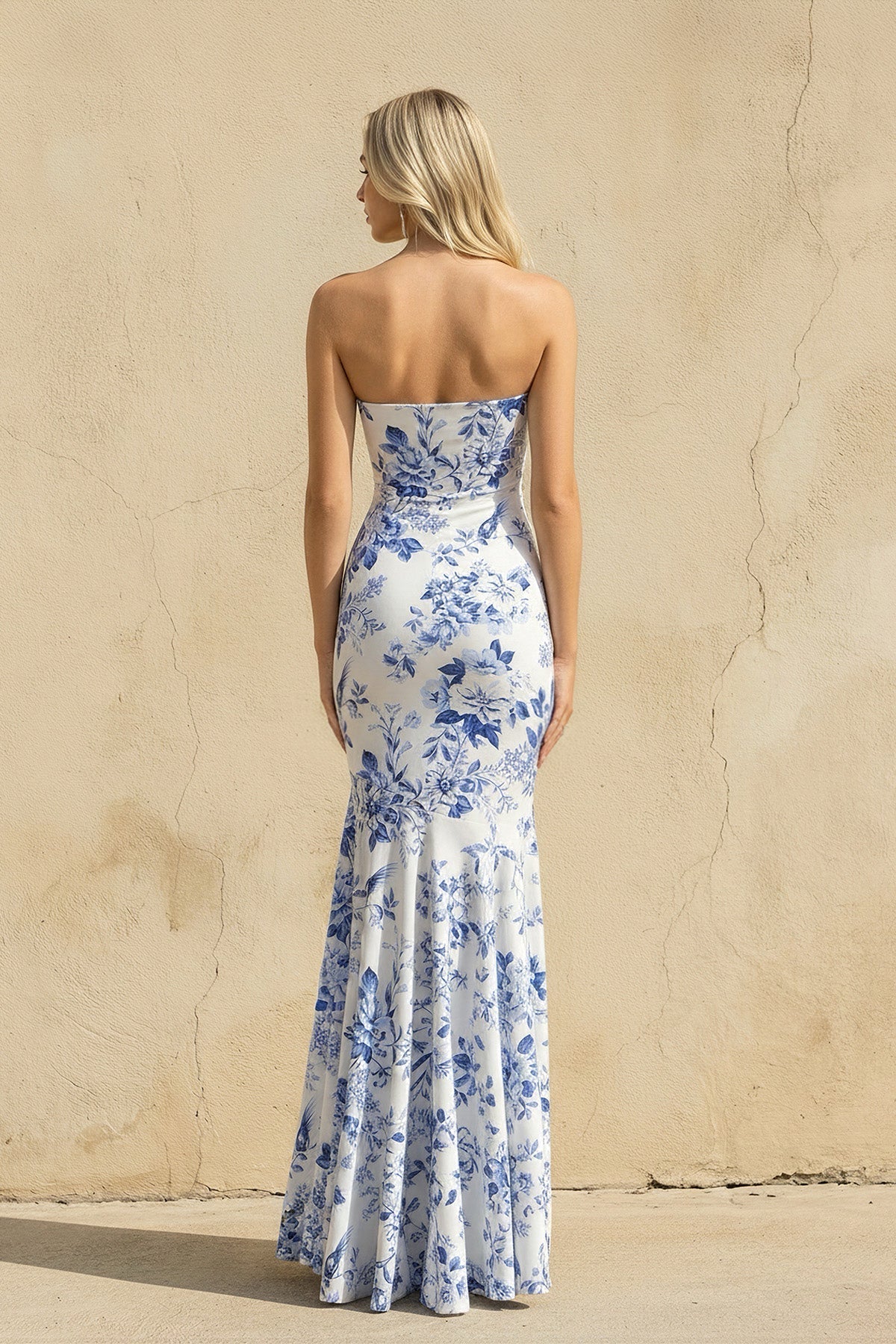 Floral Strapless Mermaid Prom Dress in Blue
