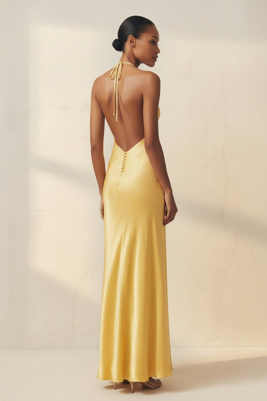 Halter Backless Maxi Dress With Slit in Yellow
