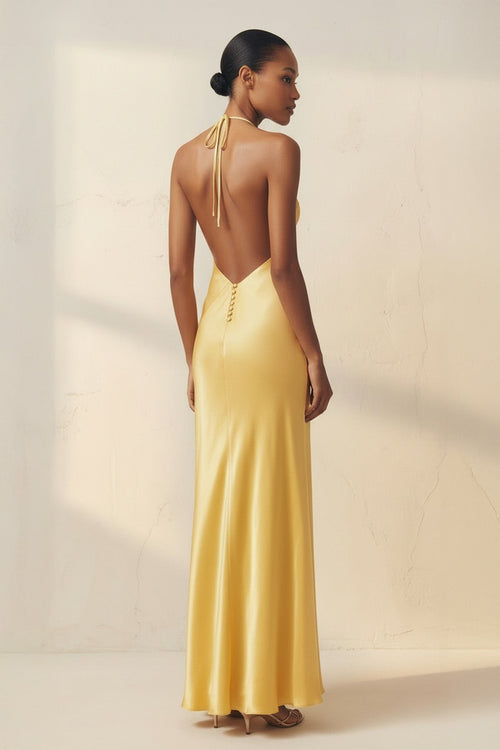 Halter Backless Maxi Dress With Slit in Yellow