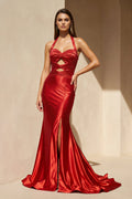 Halter Beaded Prom Dress With Slit in Red