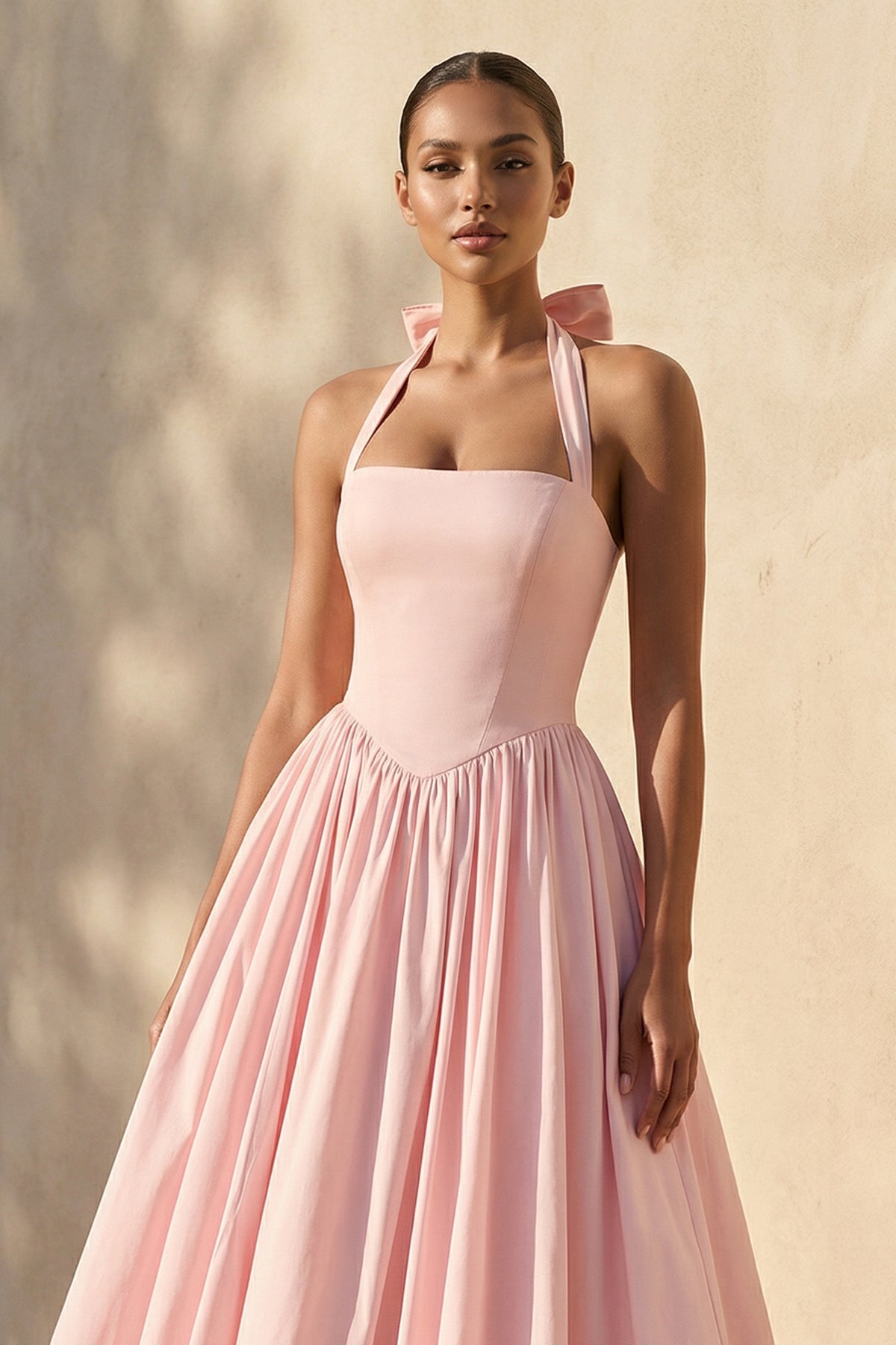 Halter Bow Midi Dress With Tulle Hem in Pink