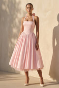 Halter Bow Midi Dress With Tulle Hem in Pink