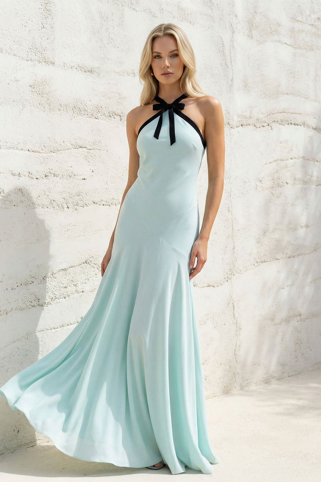 Halter Bow-Tie Maxi Dress in Aqua