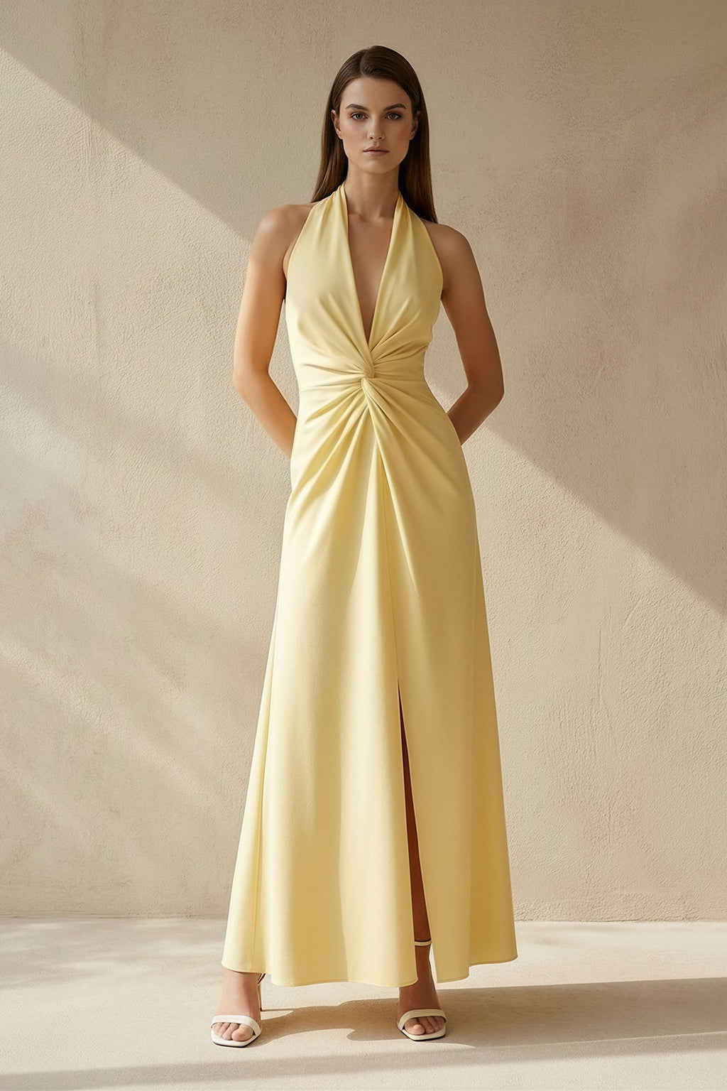 Halter Draped Maxi Dress With Slit in Yellow