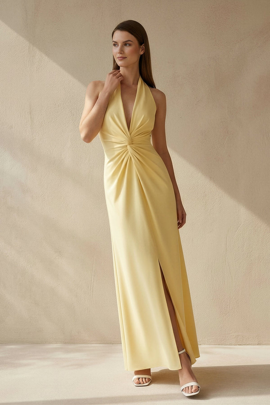Halter Draped Maxi Dress With Slit in Yellow