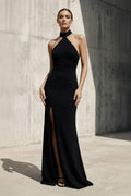 Halter Maxi Dress With Slit in Black