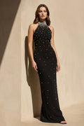 Halter Mermaid Maxi Dress With Pearls in Black