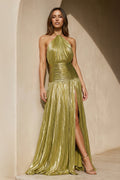 Halter Metallic Pleated Gown in Olive