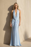 Halter Pleated Backless Maxi Dress in Sky Blue
