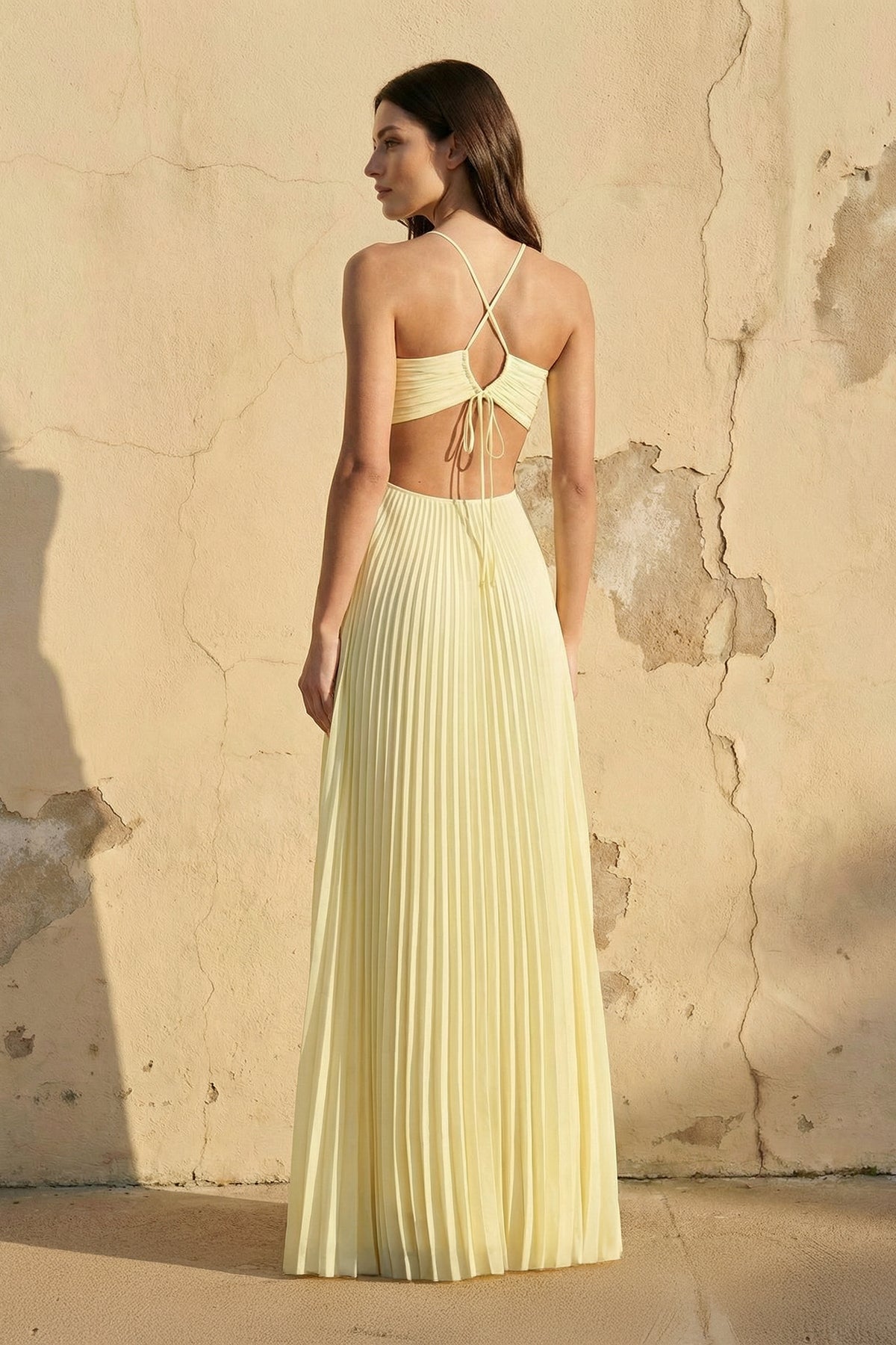 Halter Pleated Maxi Dress With Cutout in Yellow