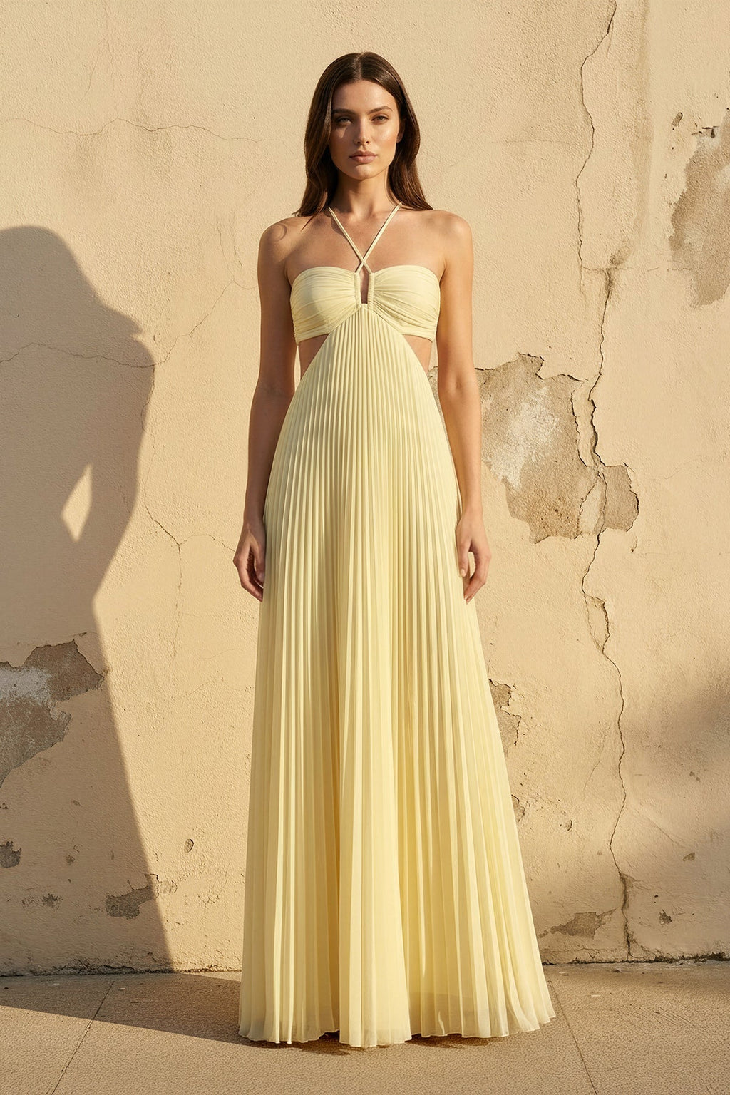 Halter Pleated Maxi Dress With Cutout in Yellow