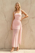Halter Ruched Maxi Dress in Pink