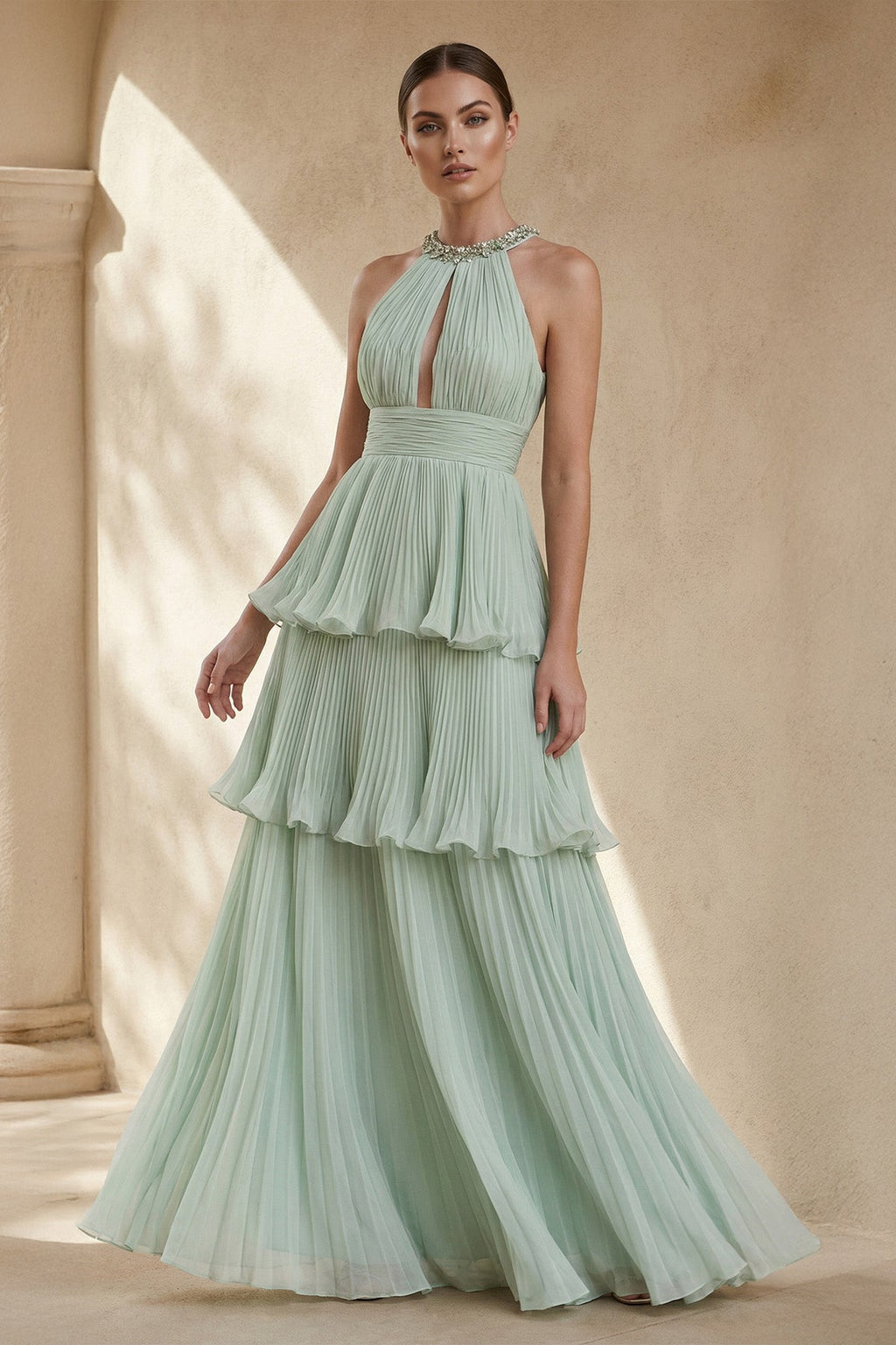 Halter Ruffled Gown With Beading in Mint Green