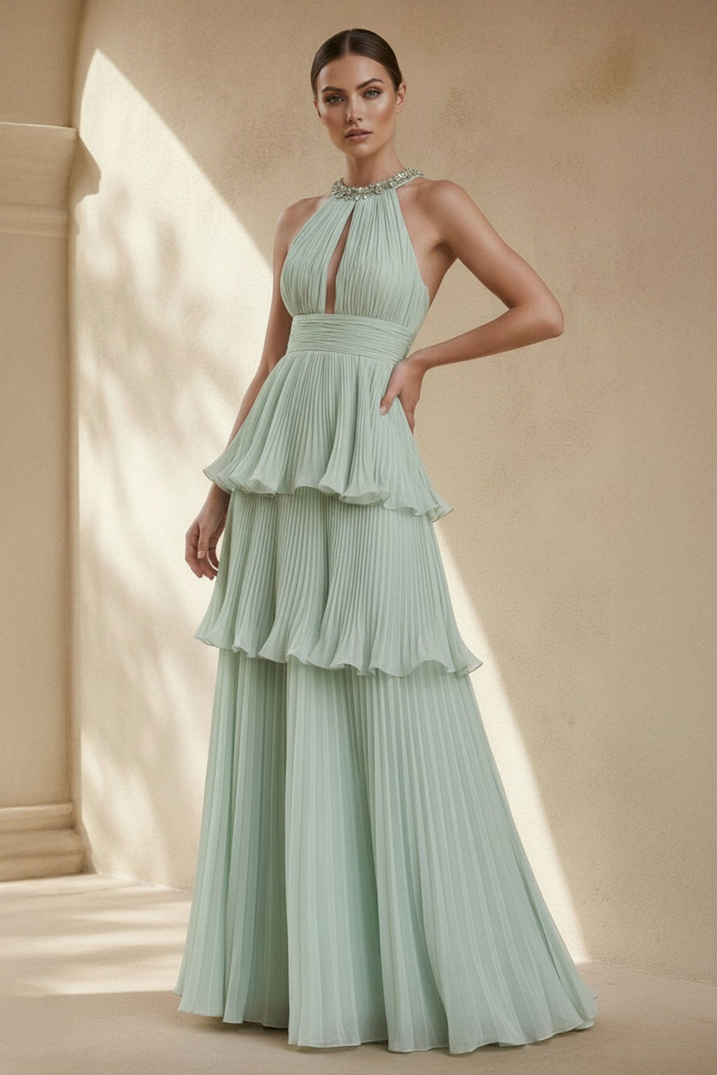 Halter Ruffled Gown With Beading in Mint Green
