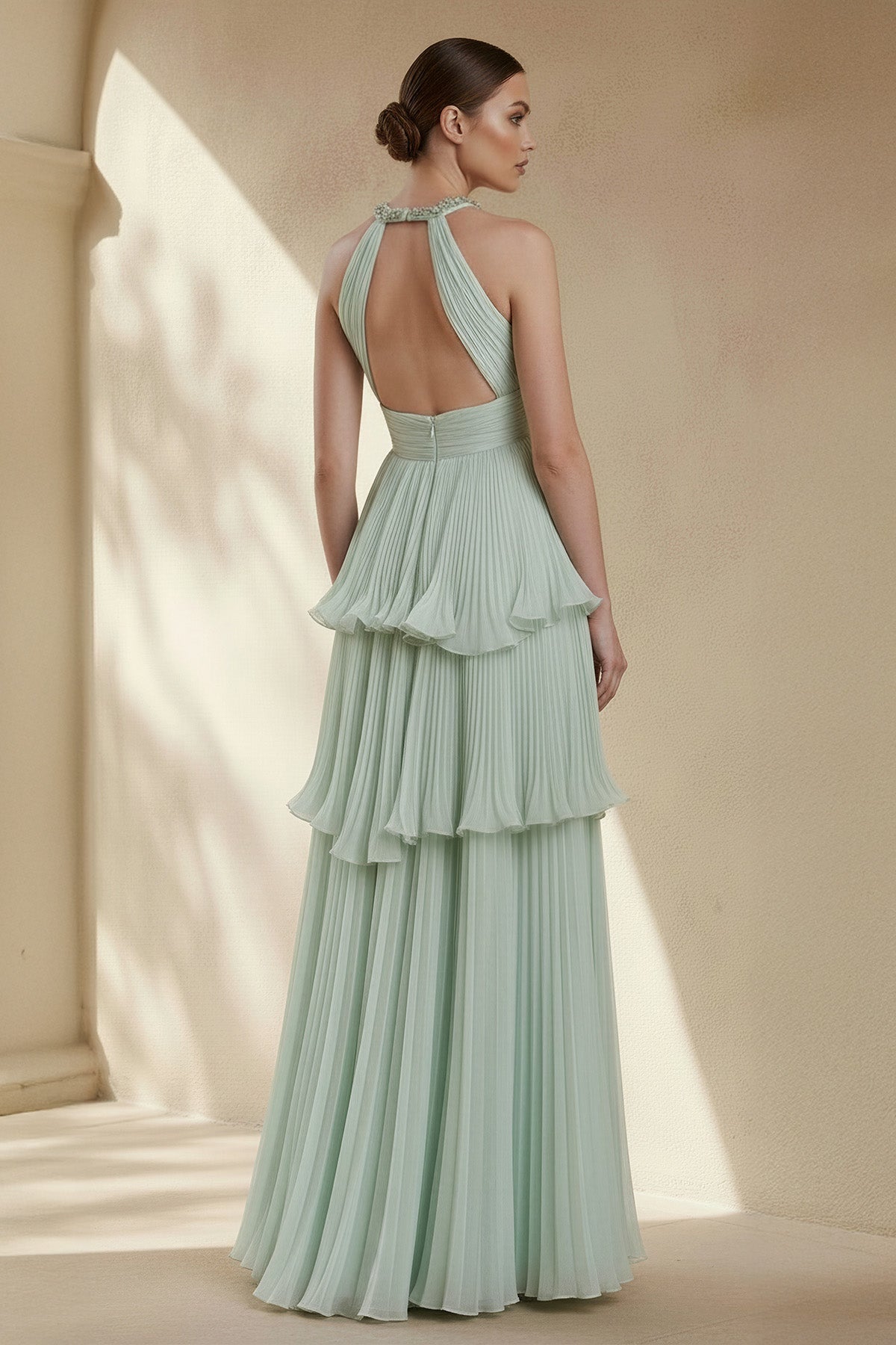 Halter Ruffled Gown With Beading in Mint Green