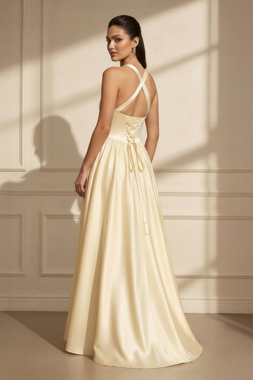 Halter Satin A-Line Maxi Dress in Yellow