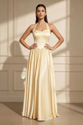 Halter Satin A-Line Maxi Dress in Yellow