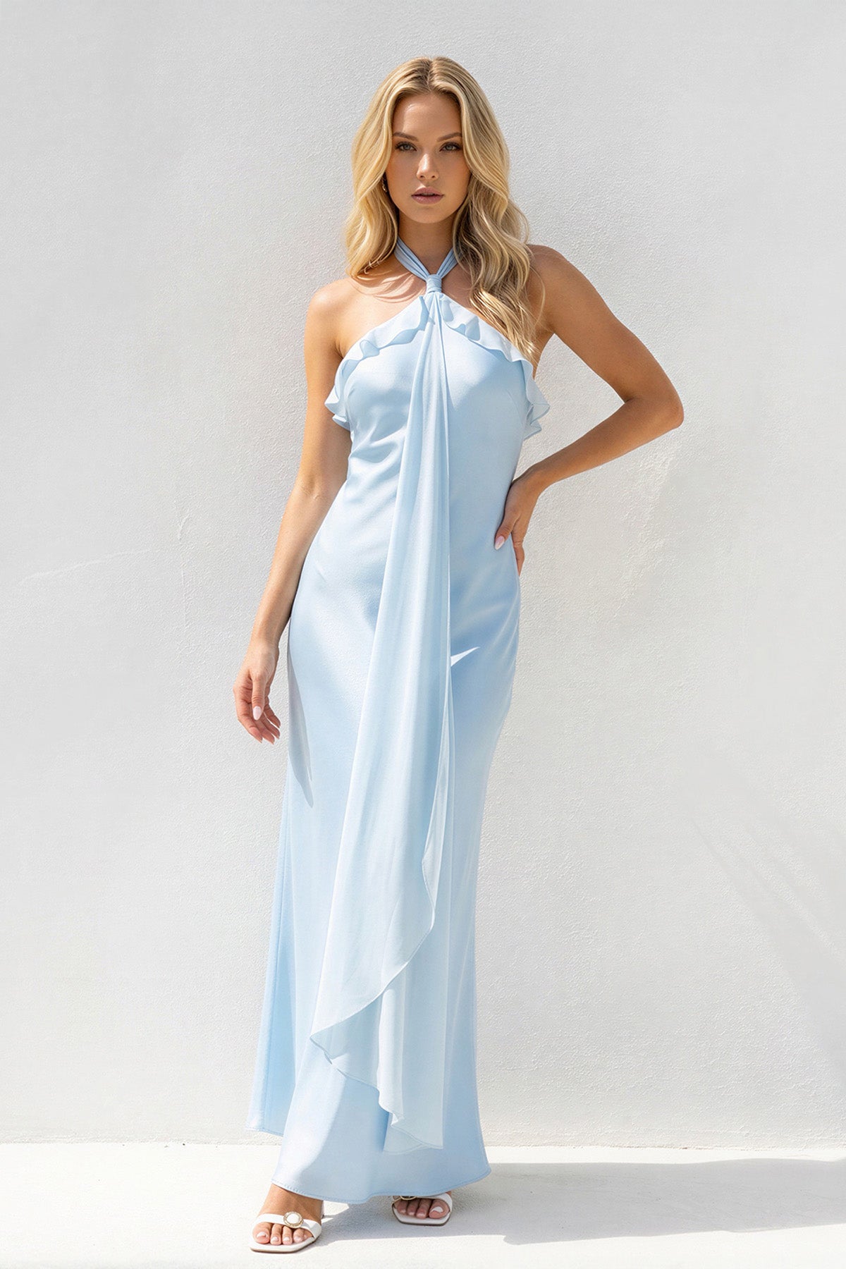Halter Satin Maxi Dress With Ruffles in Sky Blue