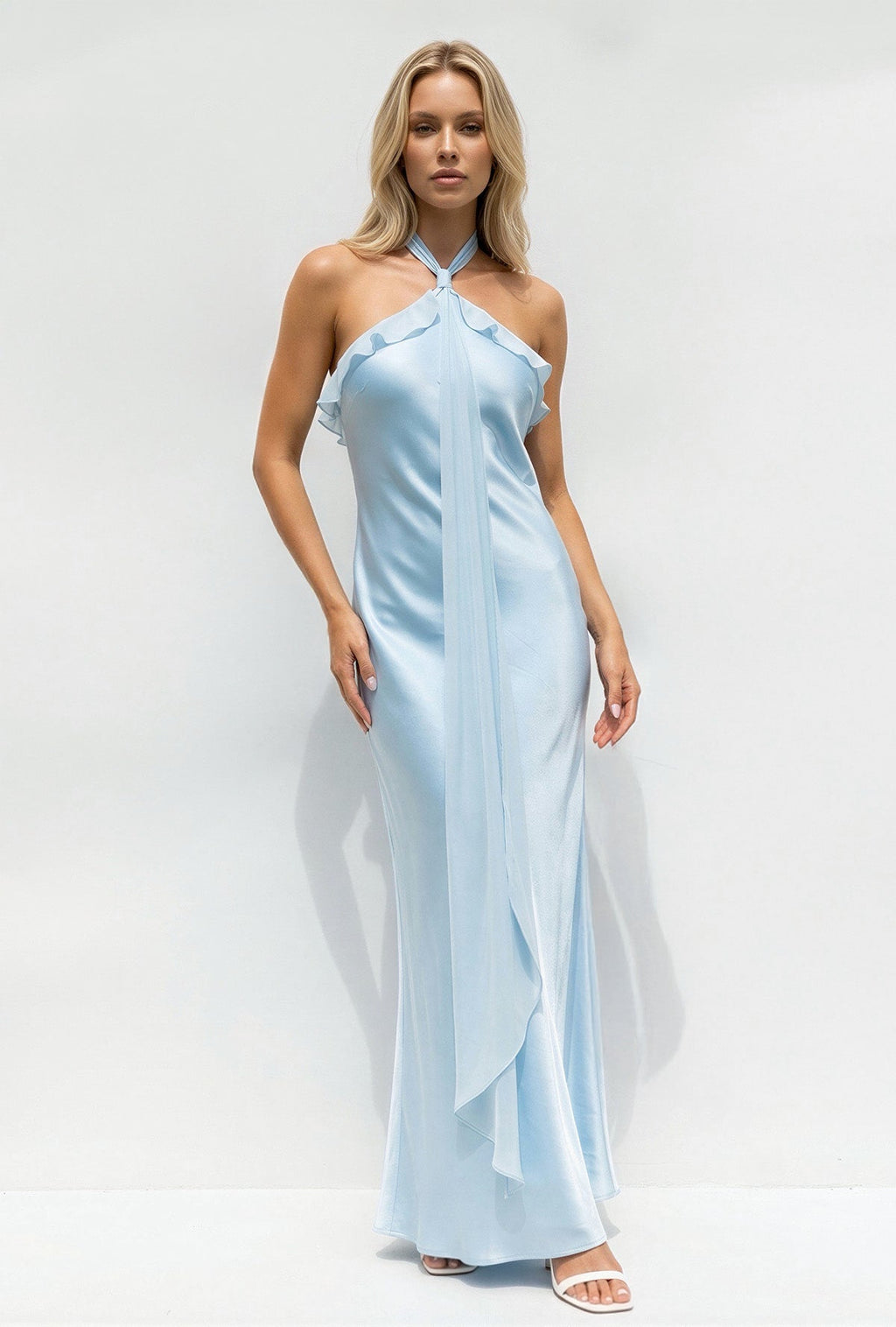 Halter Satin Maxi Dress With Ruffles in Sky Blue