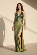 Halter Sequins Maxi Dress With Slit in Olive