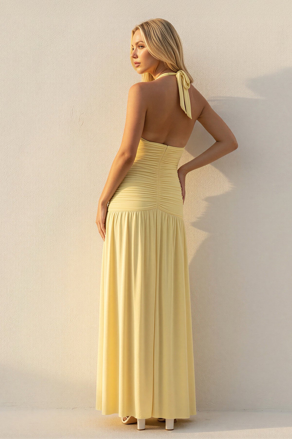 Halter Sheath Ruched Maxi Dress in Yellow