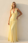 Halter Sheath Ruched Maxi Dress in Yellow