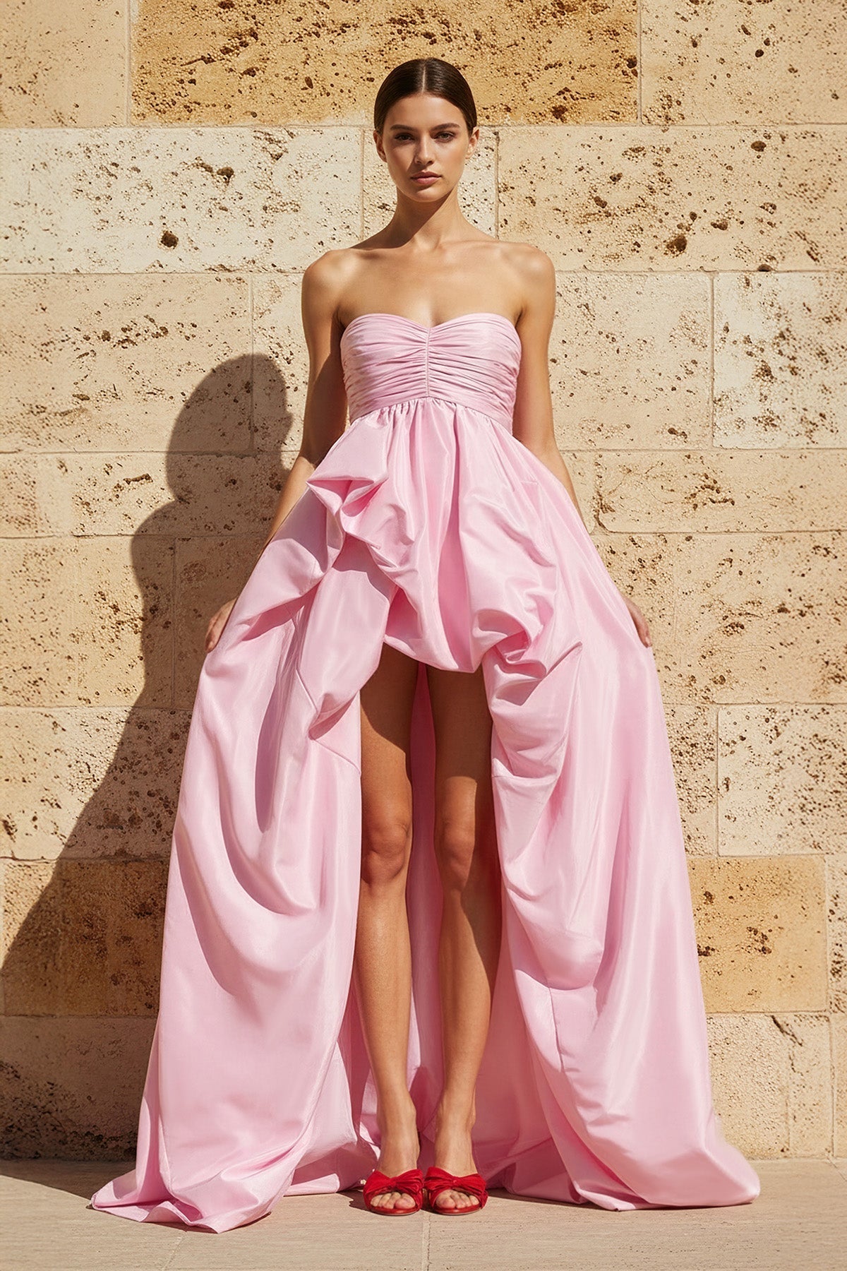 High-Low Ruched Strapless Gown in Pink