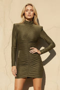 High Neck Long Sleeves Mini Dress in Olive