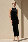 High Neck Velvet Midi Dress With Pearls in Black