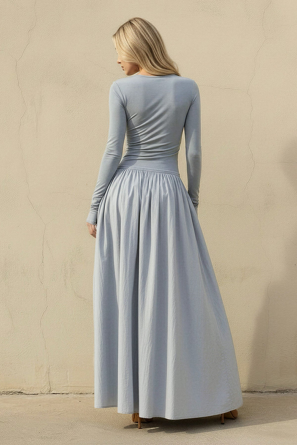 Long Sleeves Ruched Maxi Dress in Dusty Blue
