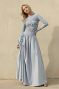 Long Sleeves Ruched Maxi Dress in Dusty Blue